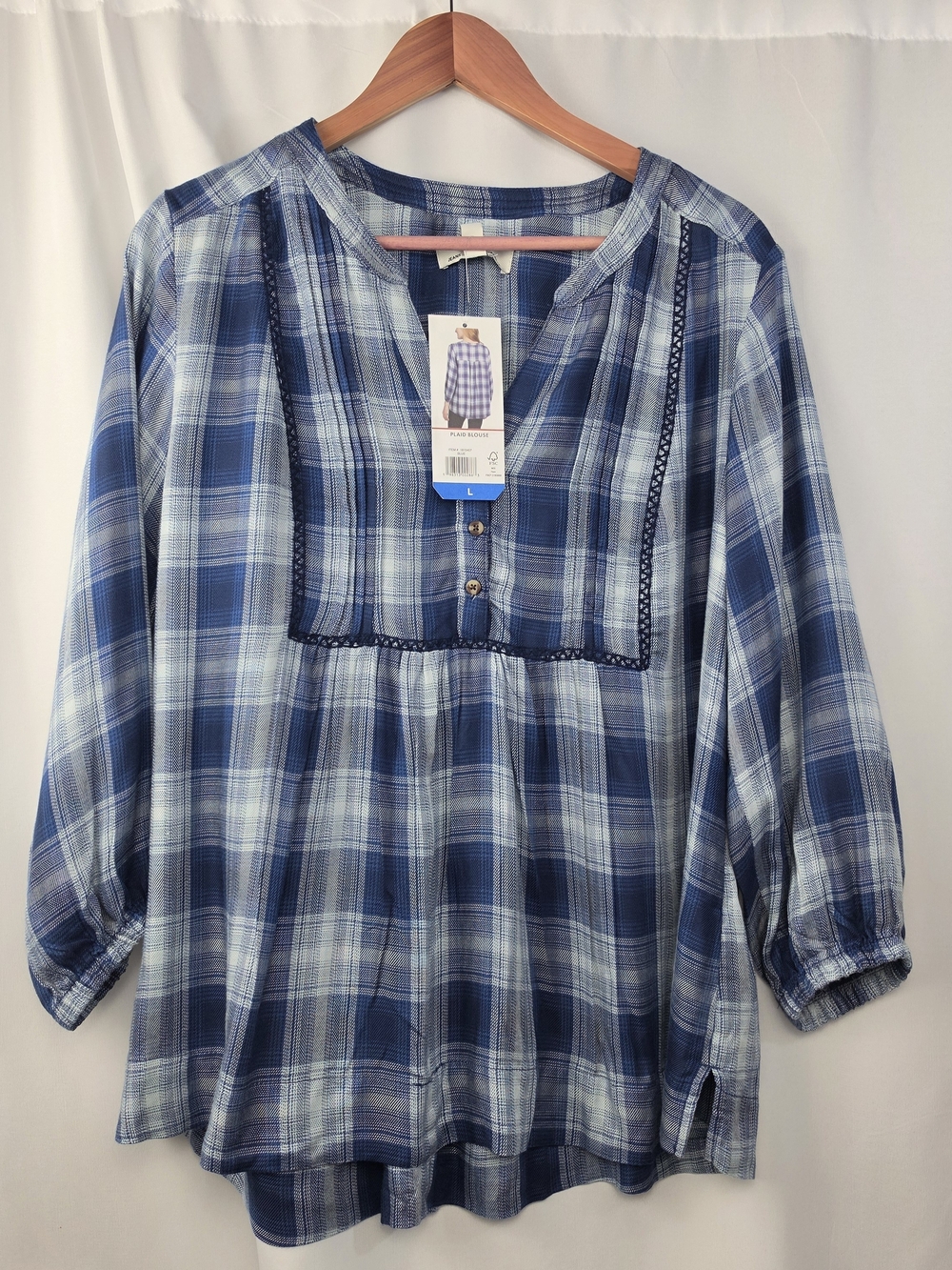 NWT Wrangler Plaid Blouse L Blue Boho Western Peasant Top 3/4 Sleeve